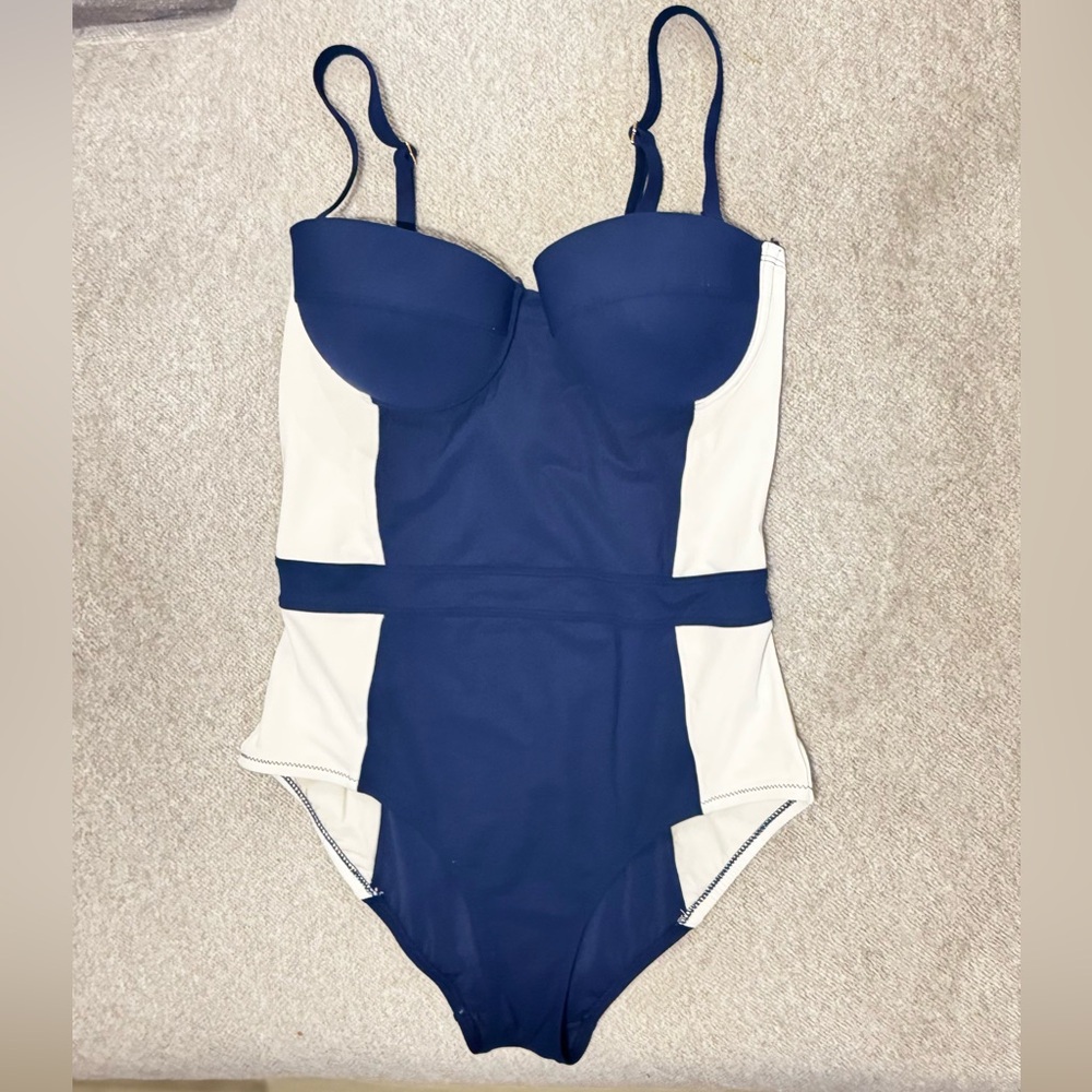 Tory Burch Swim Lipsi Colorblock Navy White Bandeau One-Piece Swimsuit Size M - Picture 5 of 10